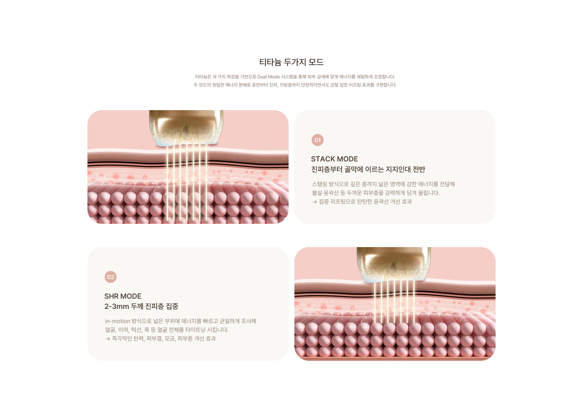 [티타늄 두가지 모드] (01) STACK MODE - 진피층부터 골막에 이르는 지지인대 전반 : 스탬핑 방식으로 깊은 층까지 넓은 영역에 강한 에너지를 전달해 볼살·윤곽선 등 두꺼운 피부층을 강력하게 당겨 올립니다. → 집중 리프팅으로 탄탄한 윤곽선 개선 효과 (02) SHR MODE - 2-3mm 두께 진피층 집중 : in-motion 방식으로 넓은 부위에 에너지를 빠르고 균일하게 조사해 얼굴, 이마, 턱선, 목 등 얼굴 전체를 타이트닝 시킵니다. → 즉각적인 탄력, 피부결, 모공, 피부톤 개선 효과