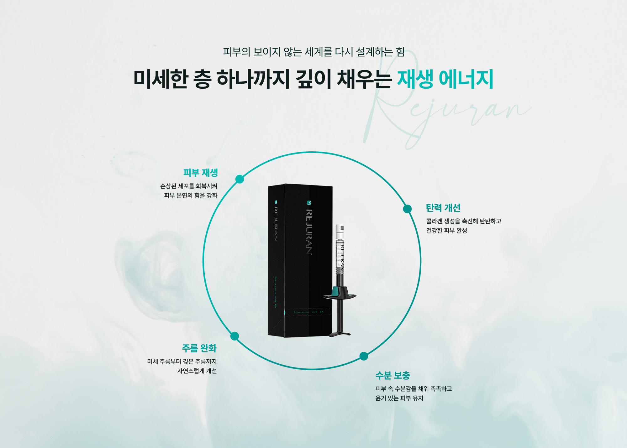 [피부의 보이지 않는 세계를 다시 설계하는 힘, 미세한 층 하나까지 깊이 채우는 재생 에너지] 피부 재생 : 손상된 세포를 회복시켜 피부 본연의 힘을 강화 / 탄력 개선 : 콜라겐 생성을 촉진해 탄탄하고 건강한 피부 완성 / 주름 완화 : 미세 주름부터 깊은 주름까지 자연스럽게 개선 / 수분 보충 : 피부 속 수분감을 채워 촉촉하고 윤기 있는 피부 유지