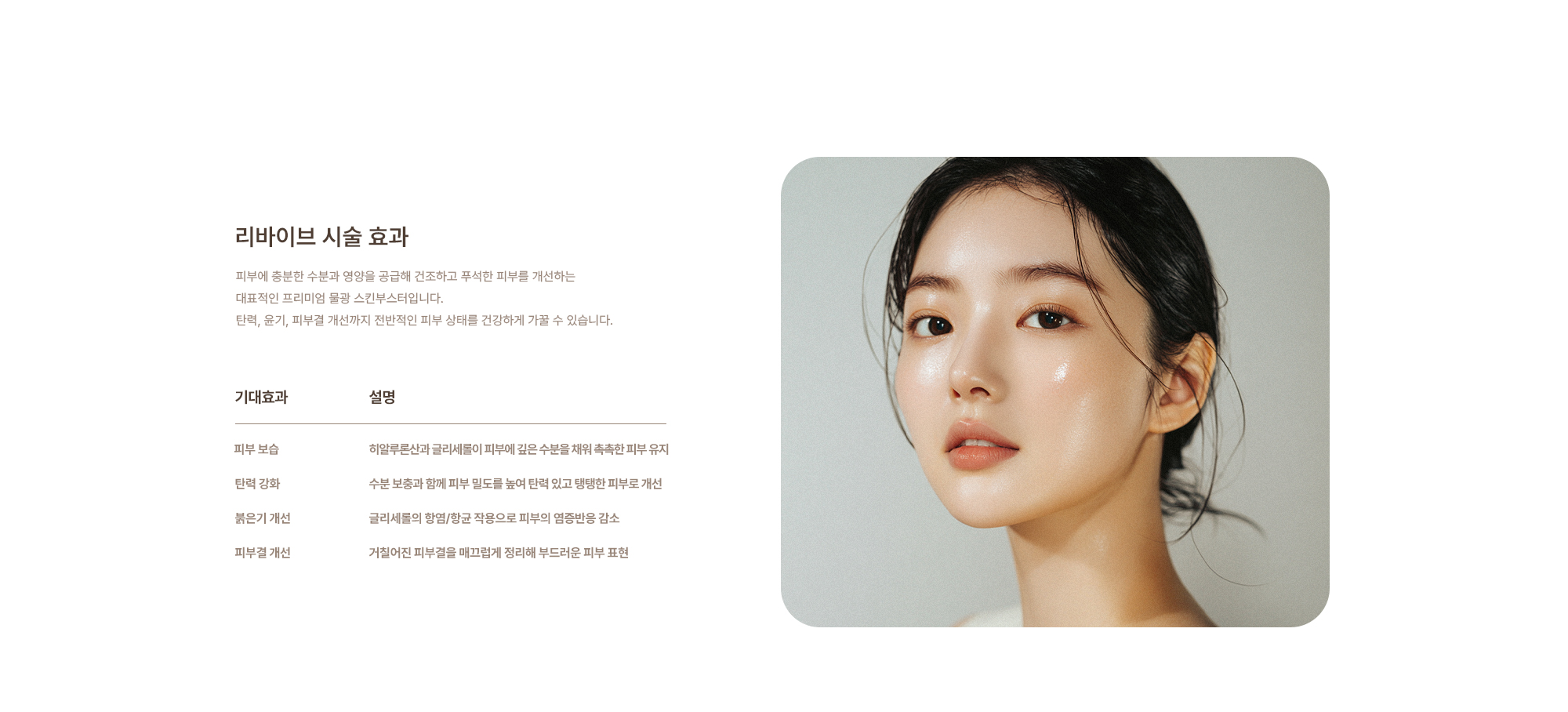 [리바이브 시술 효과] 피부 보습 : 히알루론산과 글리세롤이 피부에 깊은 수분을 채워 촉촉한 피부 유지 / 탄력 강화 : 수분 보충과 함께 피부 밀도를 높여 탄력 있고 탱탱한 피부로 개선 / 붉은기 개선 : 글리세롤의 항염/항균 작용으로 피부의 염증반응 감소 / 피부결 개선 : 거칠어진 피부결을 매끄럽게 정리해 부드러운 피부 표현