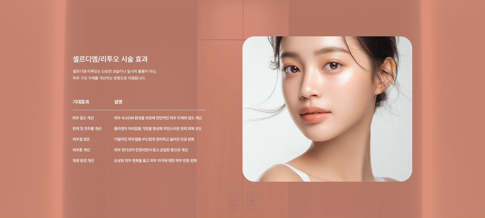 [셀르디엠/리투오 시술 효과] 피부 밀도 개선 : 피부 속 ECM 환경을 보완해 전반적인 피부 두께와 밀도 개선 / 탄력 및 잔주름 개선 : 콜라겐이 자리잡을 기반을 형성해 자연스러운 탄력 회복 유도 / 피부결 정돈 : 거칠어진 피부결을 부드럽게 정리하고 넓어진 모공 완화 / 피부톤 개선 : 피부 컨디션이 안정되면서 맑고 균일한 톤으로 개선 / 재생 환경 개선 : 손상된 피부 회복을 돕고 외부 자극에 대한 피부 반응 완화 