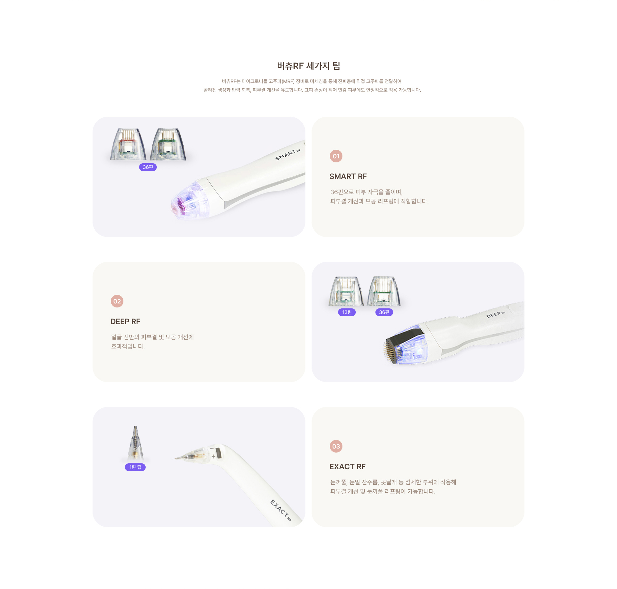 [버츄RF 세가지 팁] (01) SMART RF : 36핀으로 피부 자극을 줄이며, 피부결 개선과 모공 리프팅에 적합합니다. (02) DEEP RF : 얼굴 전반의 피부결 및 모공 개선에 효과적입니다. (03) EXACT RF : 눈꺼풀, 눈밑 잔주름, 콧날개 등 섬세한 부위에 작용해 피부결 개선 및 눈꺼풀 리프팅이 가능합니다.